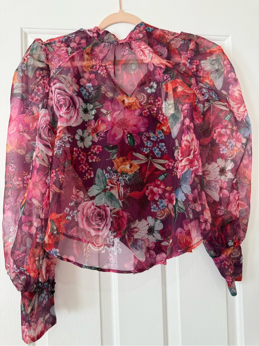 Anthropologie Sheer Floral Puff-Sleeve Blouse - Magenta & Pink